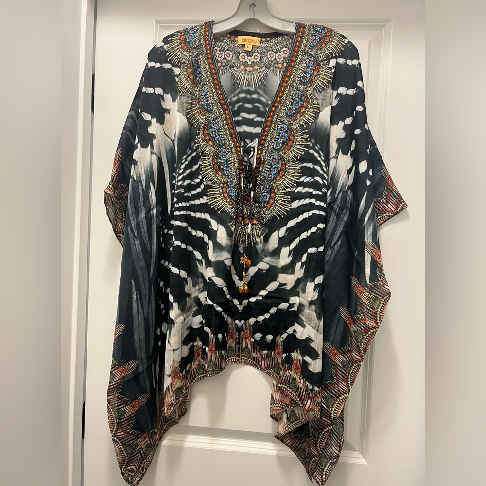 NEW l Womens Black Print Kaftan Beach Cover Up / Tunic